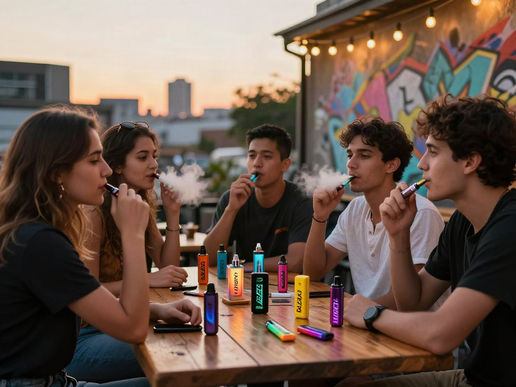 Group of friends enjoying raz vape devices outside at sunset, showcasing urban lifestyle.