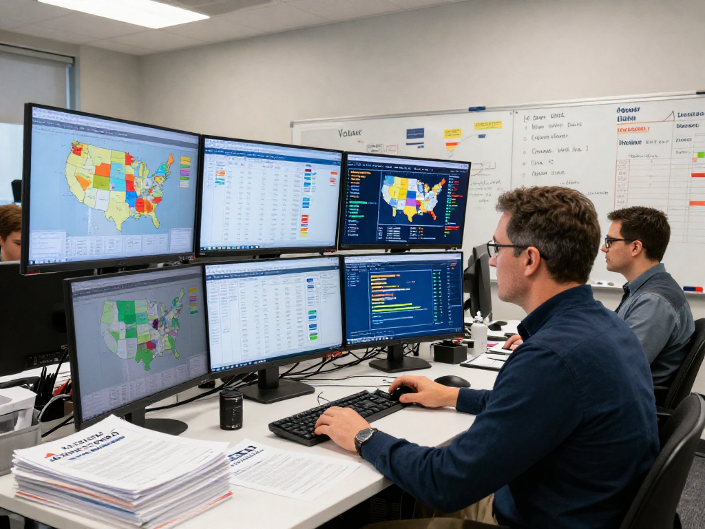 Political campaign strategist analyzing data for state legislature campaign marketing in a modern office environment.