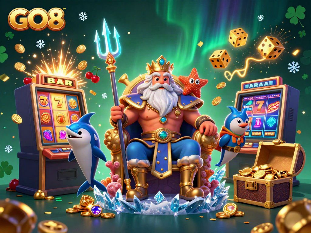 Experience thrilling wins at GO8 Casino with vibrant slot machines and games in a captivating underwater scene.