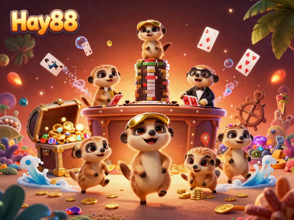 Experience the lively gambling scene at Hay88 with meerkats managing a vibrant casino.