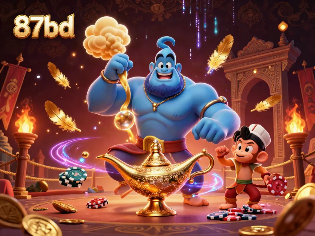 Engage with thrilling games at 87bd while magical genies and poker chips surround you.