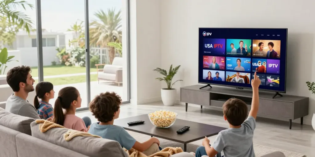 Family enjoying USA IPTV in a cozy living room during movie night.