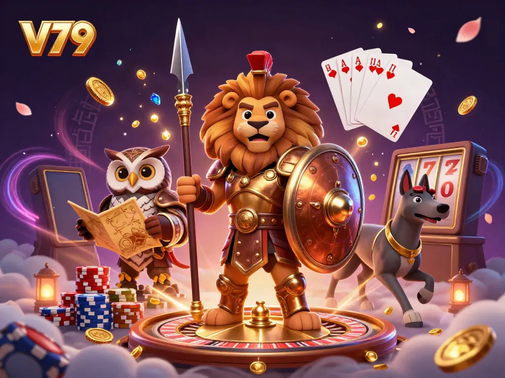 Experience dynamic gameplay with V79, where a Spartan lion and wise owl strategize amidst golden treasures.