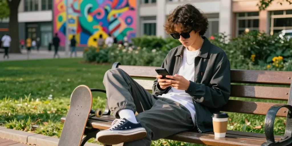 Young urbanite enjoying coffee and technology in vibrant city, rokok88 lifestyle.