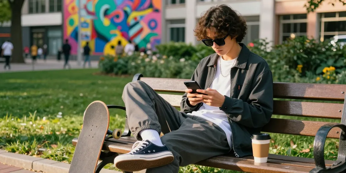 Young urbanite enjoying coffee and technology in vibrant city, rokok88 lifestyle.