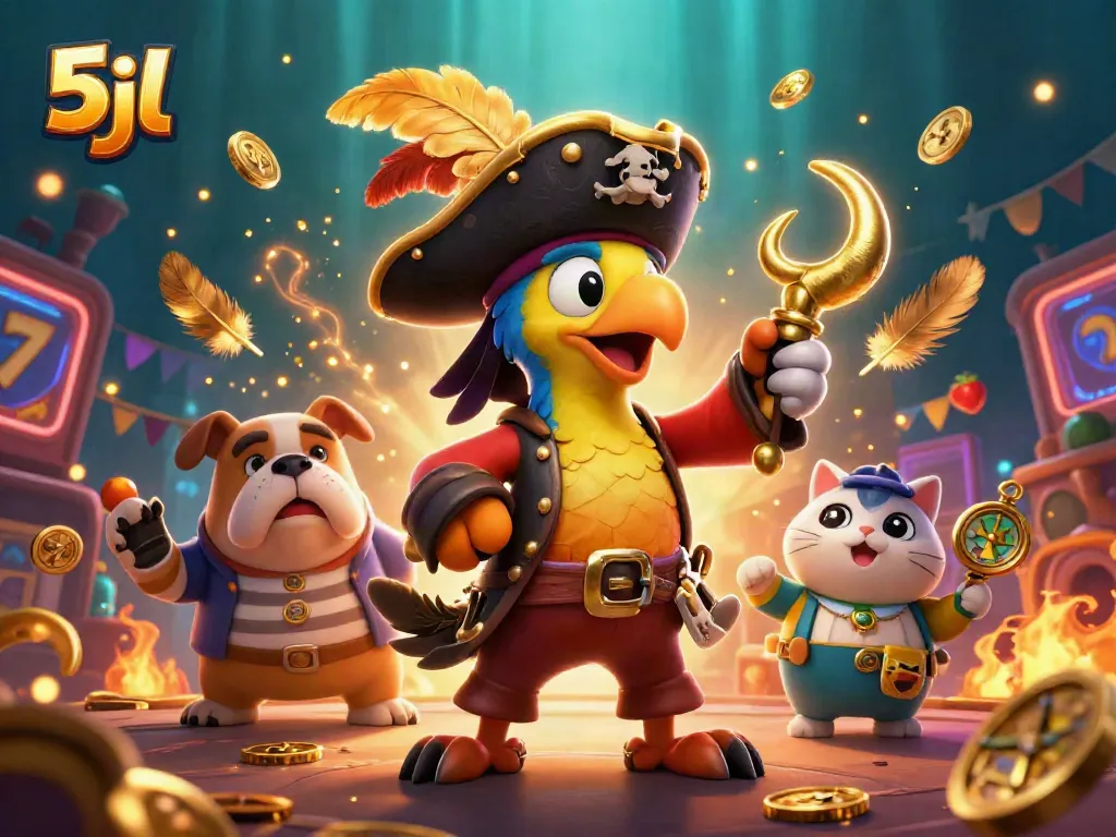 Experience vibrant online slots with 5jl's thrilling pirate-themed casino illustration featuring unique characters and engaging elements.