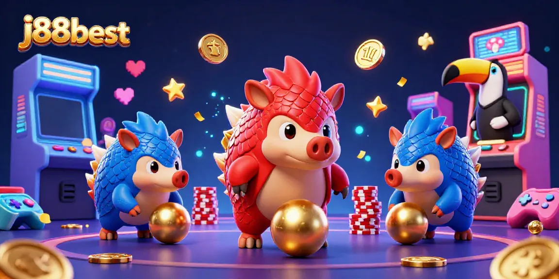 Rival pangolins in vivid armor entertain gamers as they bowl poker chips at j88best casino.