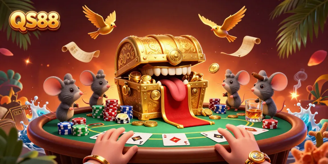 Experience the thrill of gaming at QS88 with adventurous mice and treasure in a vibrant casino scene.