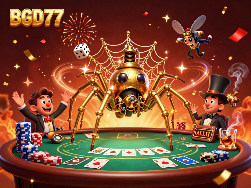 Engage in thrilling gaming adventures with BGD77 at this vibrant, action-packed casino scene.