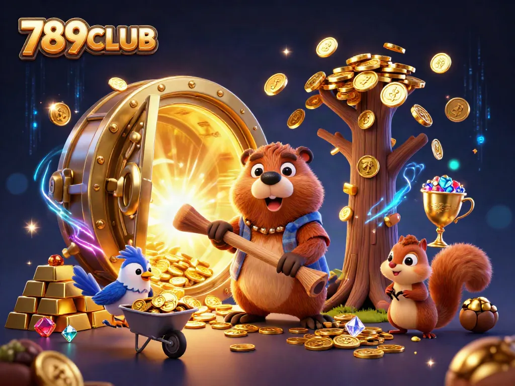 Engage with thrilling moments at 789CLUB, where a beaver collects coins amidst a wealth of treasures.