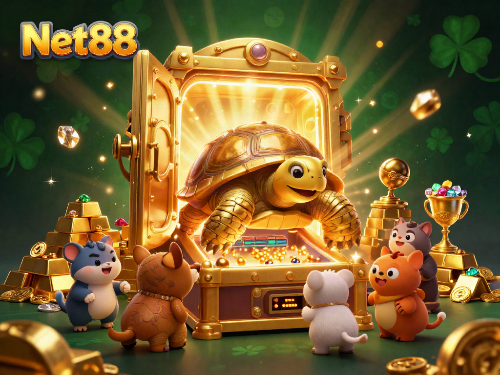 Join the fun at Net88 with a dynamic scene of colorful gaming characters and riches.