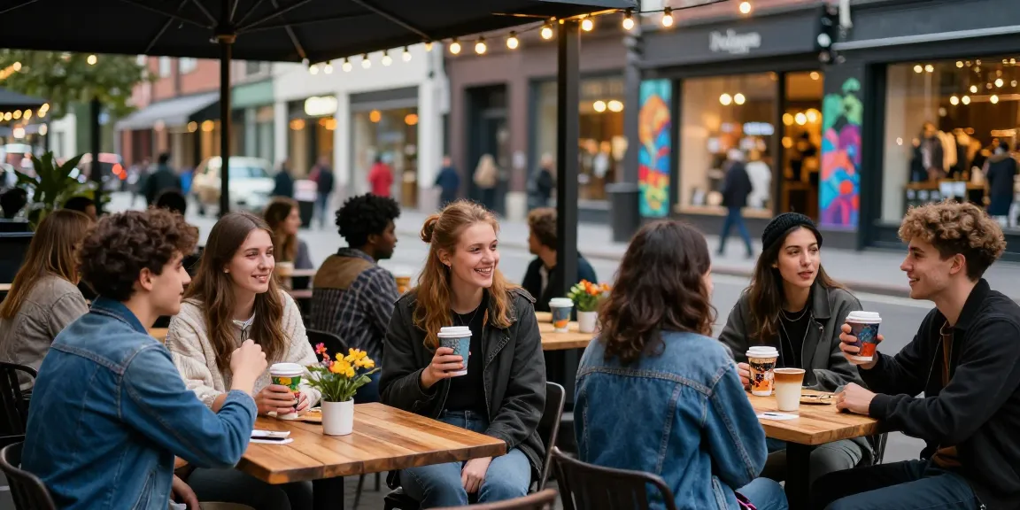 Enjoying vibrant urban lifestyle at a café, featuring rokok88 merchandise and street art.