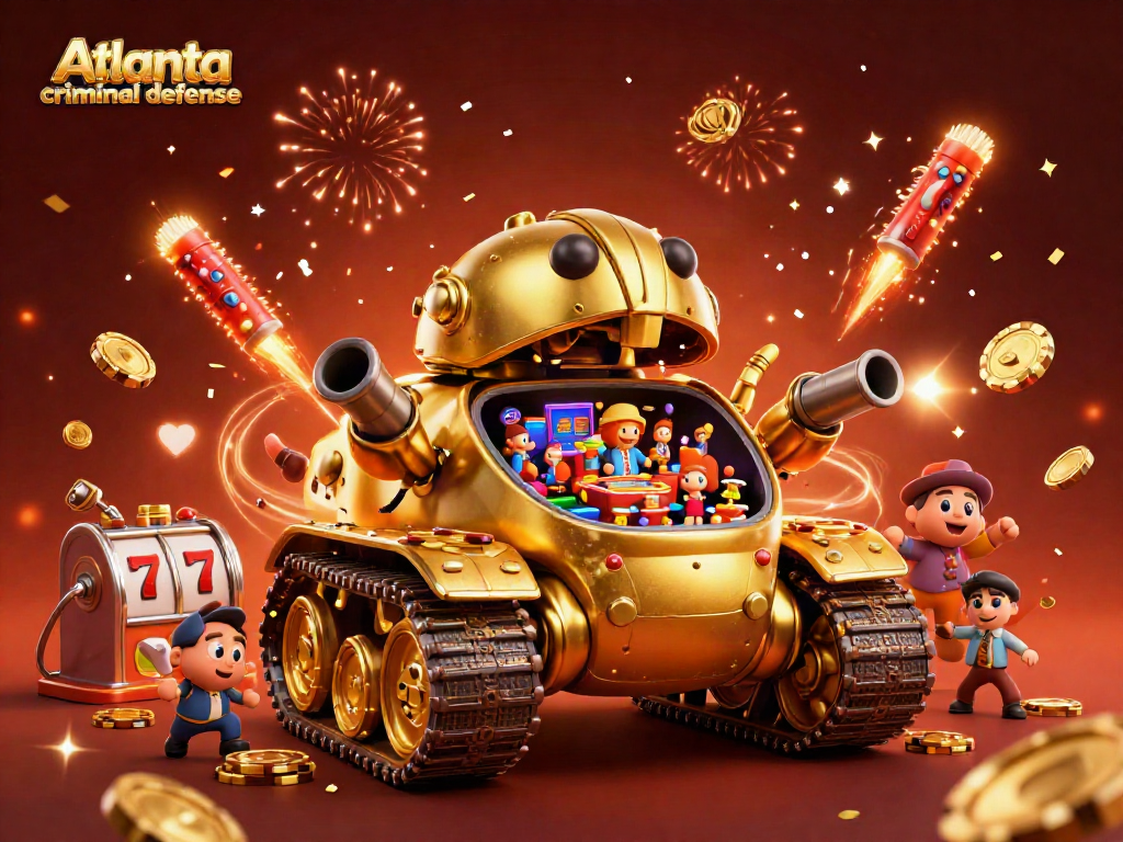 Experience the excitement of Atlanta criminal defense with a stunning 3D casino image featuring a golden beetle tank and vibrant game elements.