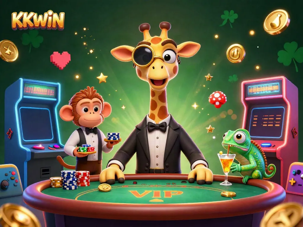 KKWIN players enjoy gaming with a high-roller giraffe, monkey valet, and chameleon bartender amid vibrant casino elements.