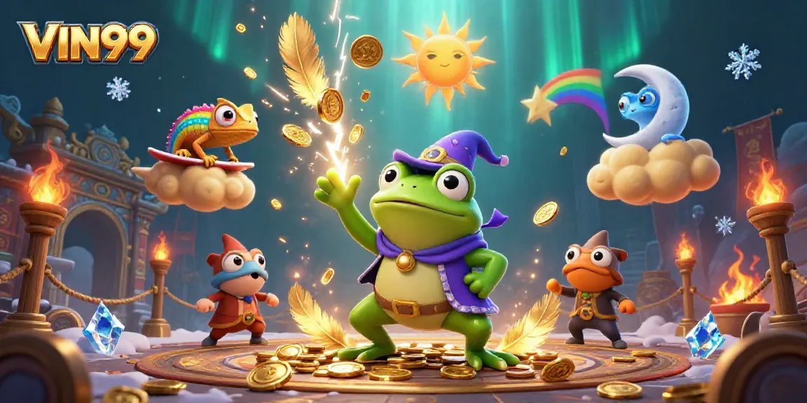 Experience the excitement at VIN99, featuring a whimsical storm of coins by a wizard frog and a surfing chameleon.