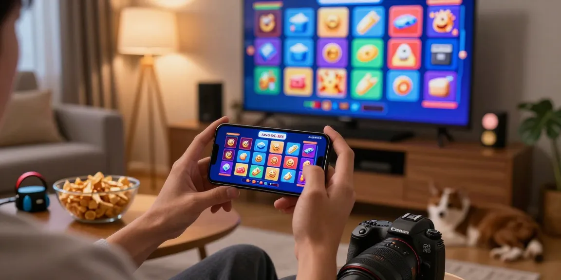 Enjoying xoso66 mobile app gameplay on a smartphone in a cozy living room with vibrant gaming elements.