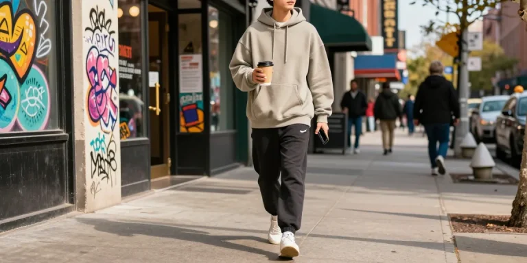 Stylish individual in an Essentials hoodie walking through an urban street.