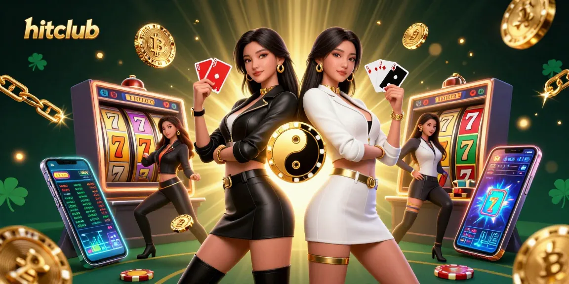 Join hitclub's thrilling gaming scene with twin women showcasing their card skills amidst vibrant casino elements.
