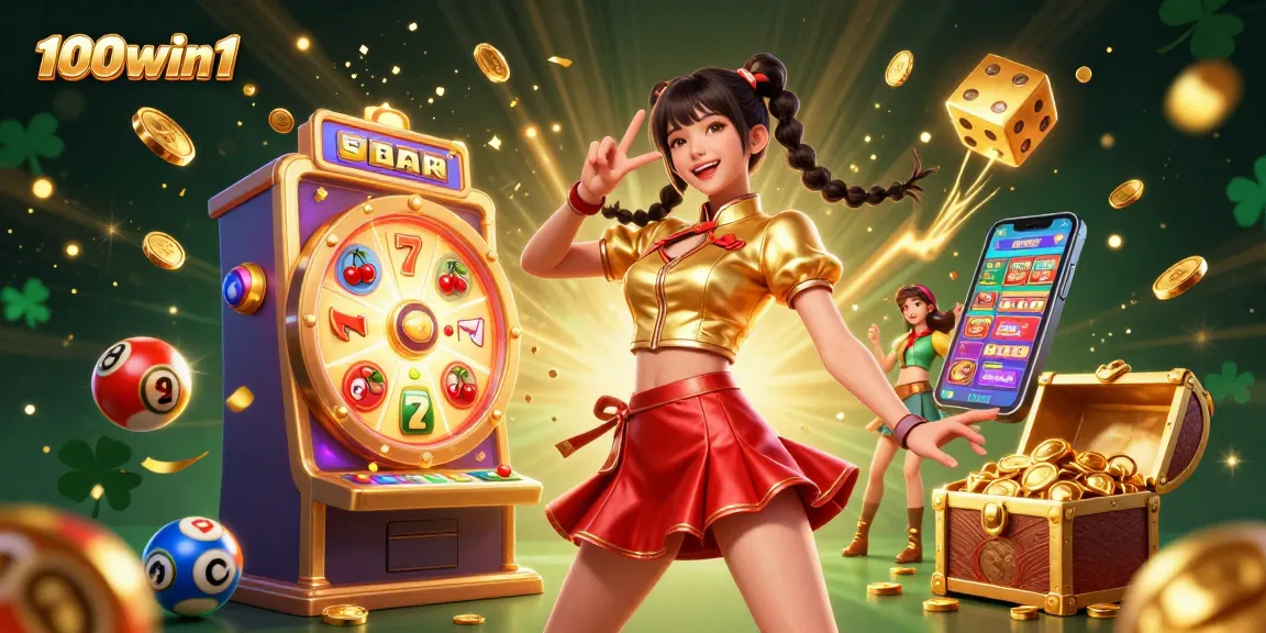 Experience excitement with 100win1's vibrant illustration showcasing a dynamic casino scene filled with winning elements.