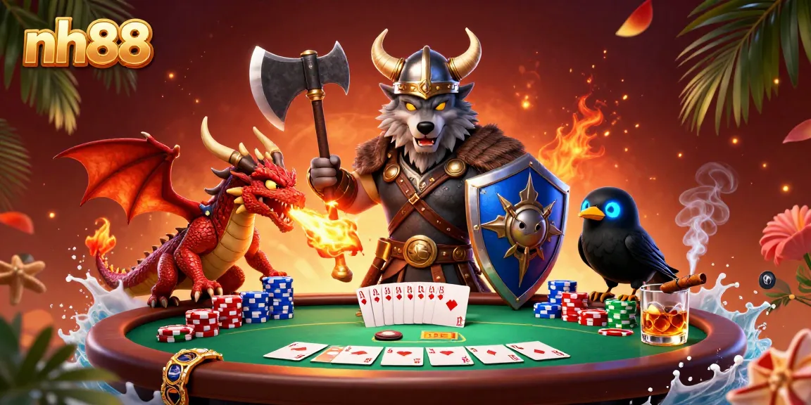Experience thrilling gameplay with nh88's Viking warrior and dragon at the poker table.
