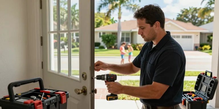 South Florida locksmith repairing a residential front door lock with expert tools and a sunny neighborhood backdrop.