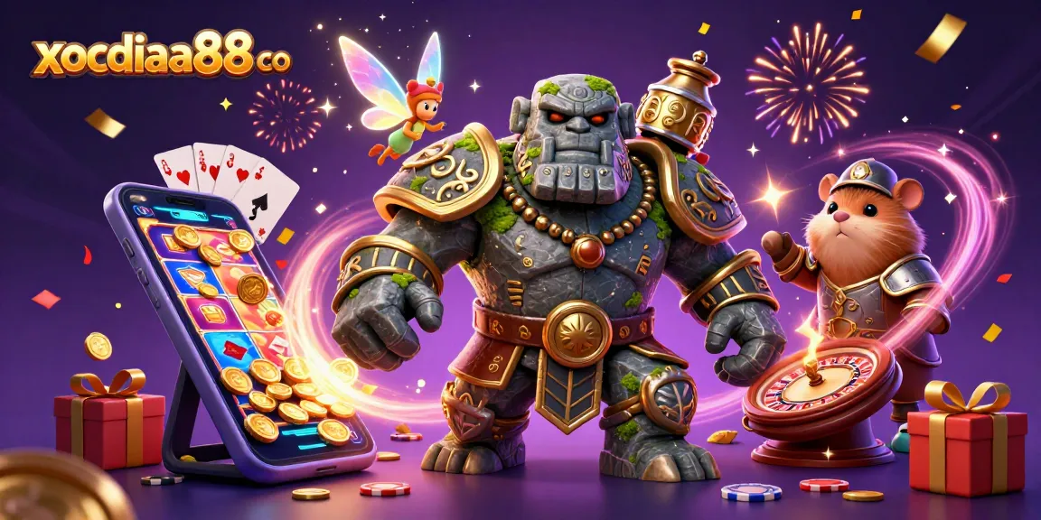 Bet big with xocdiaa88 co's vibrant 3D illustration featuring a stone golem guardian and fairy magic amidst slot games.