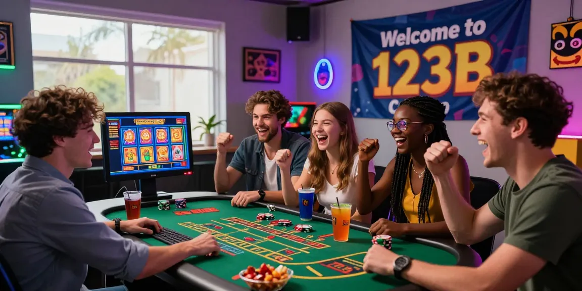 Group of friends enjoying games at 123b casino, with snacks and vibrant decorations in an exciting atmosphere.