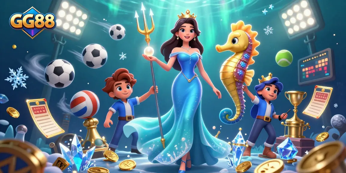 Engage with GG88, an underwater casino adventure featuring a glowing pearl and dynamic sports elements.