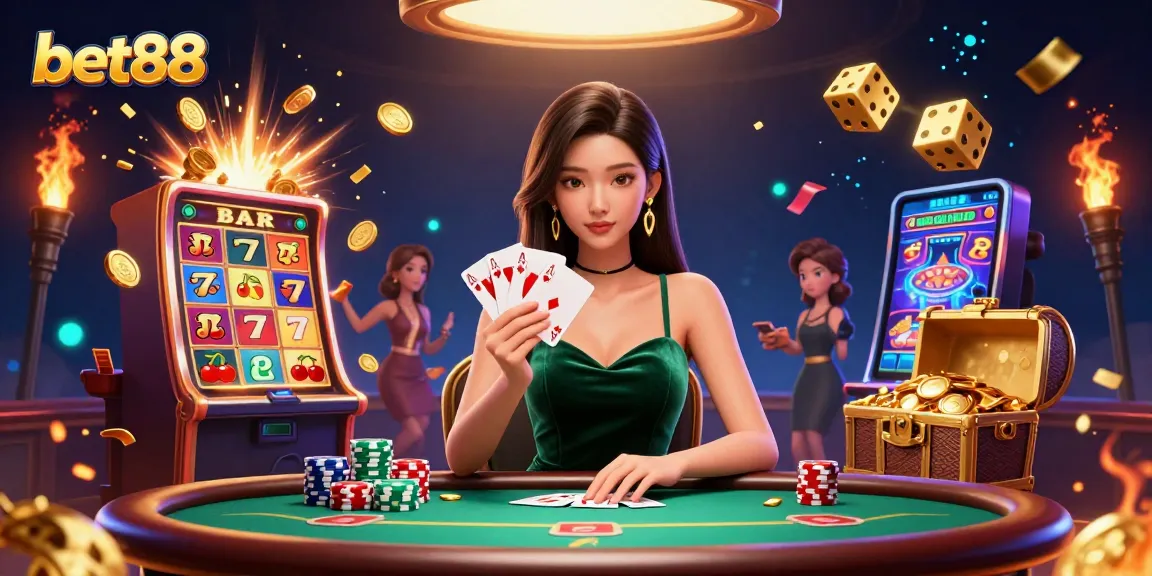 Bet88 players enjoying poker at a luxury table amidst a jackpot explosion of slot machine elements.