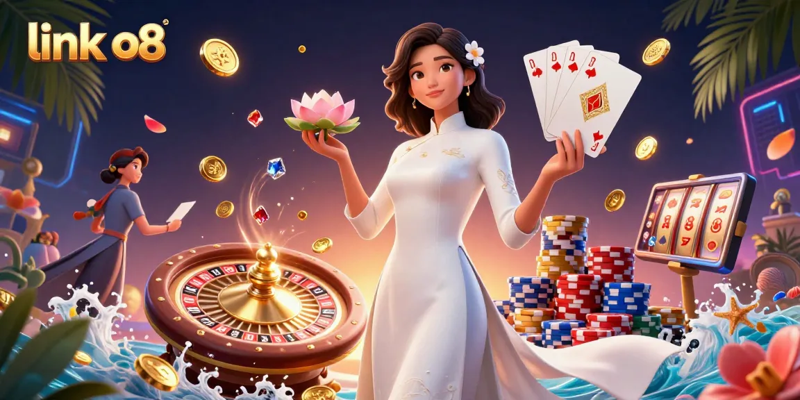 Engage with link o8 in this vibrant casino scene featuring an elegant woman holding a lotus and coins.