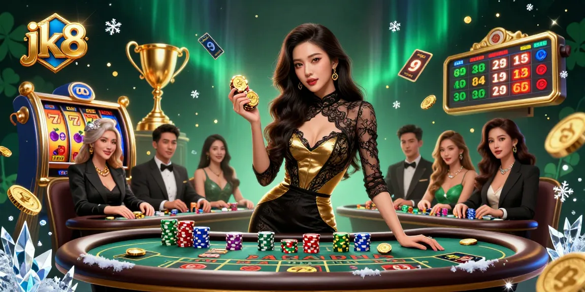 Win big at jk8 online casino with a glamorous woman at a VIP baccarat table, high-value casino chips in hand.