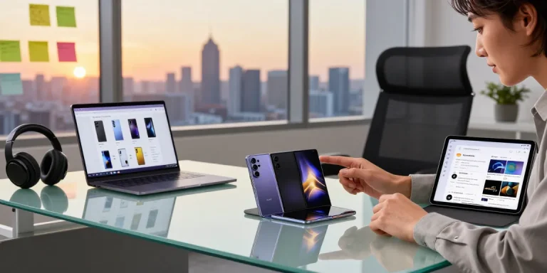 Professional workspace with user testing foldable phones 2026, showcasing the latest devices like Galaxy Z Fold 7.