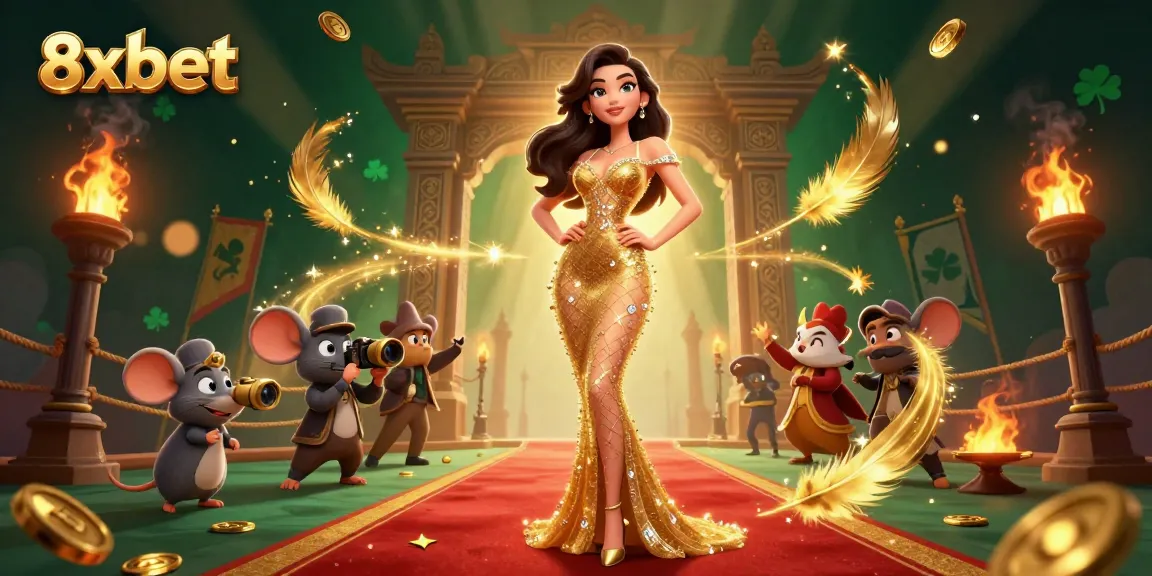 Engage with 8xbet through an ultra-detailed casino scene featuring a glamorous woman and vibrant game elements.