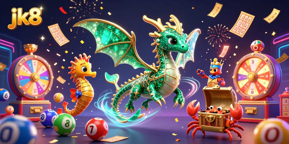 Experience thrilling gameplay at jk8 with vibrant lottery elements and enchanting creatures in a festive casino scene.