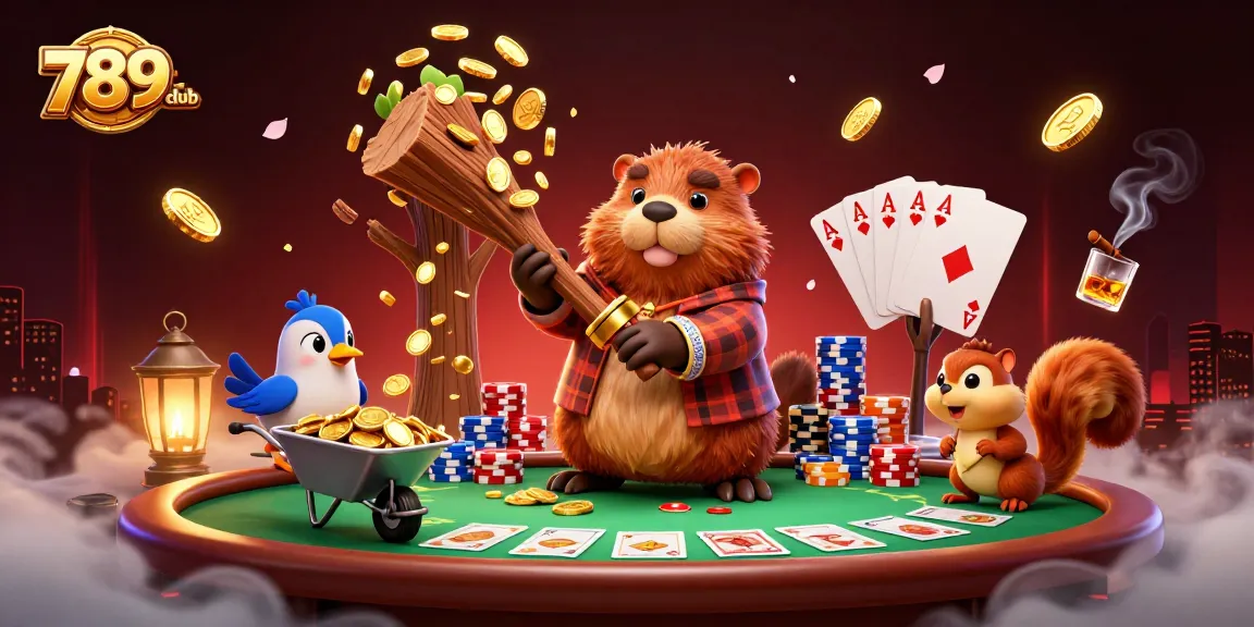 Collect coins at 789club in a lively casino scene with beaver and friends.