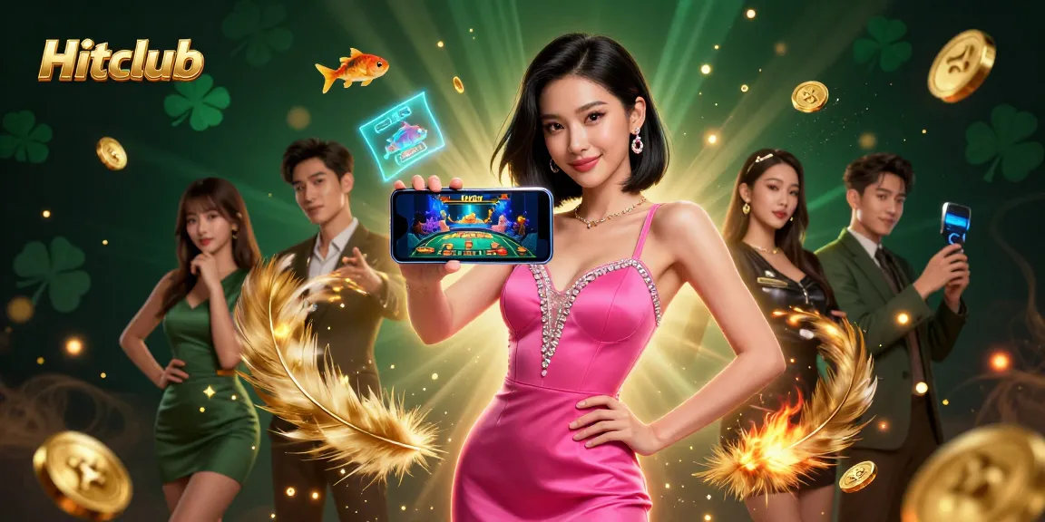 Experience the excitement of Hitclub with a stunning Asian woman engaging in live dealer games amidst dynamic casino elements.