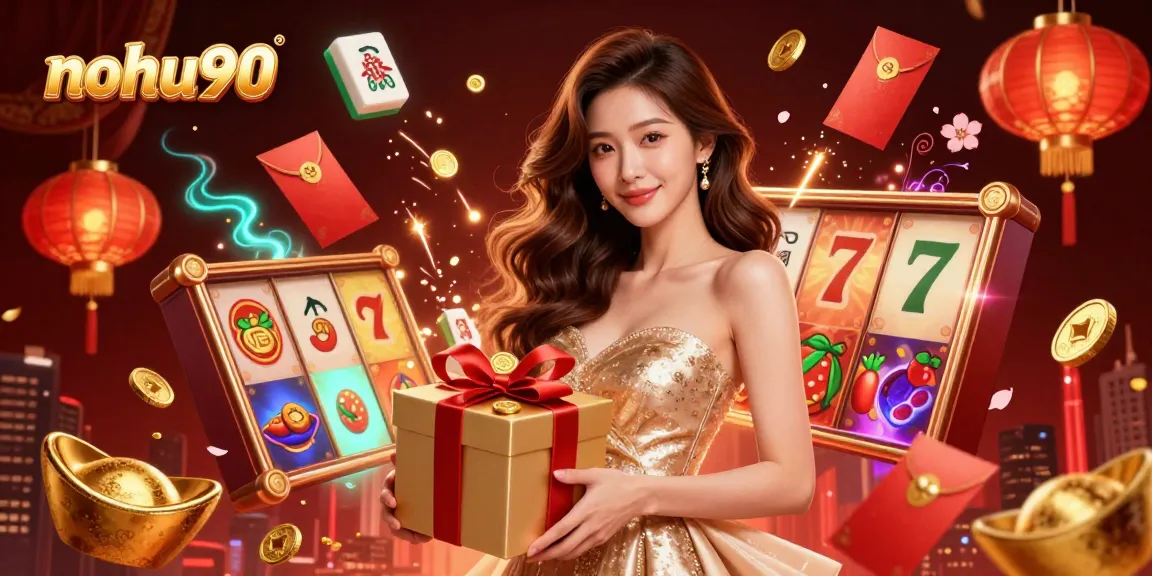 Play exciting slots with nohu90 while winning golden coins amidst festive decorations in a vibrant casino.