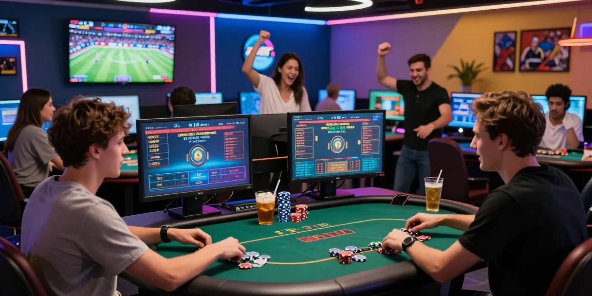 Exciting gaming atmosphere at nhà cái ok8386 with players engaged in casino games and sports betting, vibrant lights enhancing the experience.