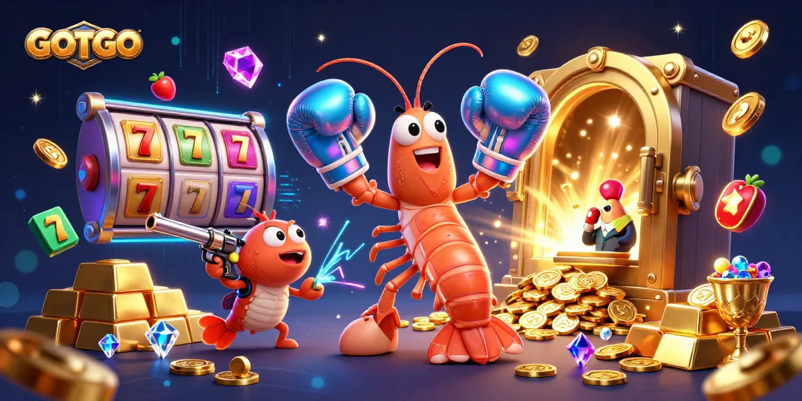 Slot GOTOTO menerangi scene saat duo udang mantis merayakan kemenangan besar, dikelilingi oleh harta karun.