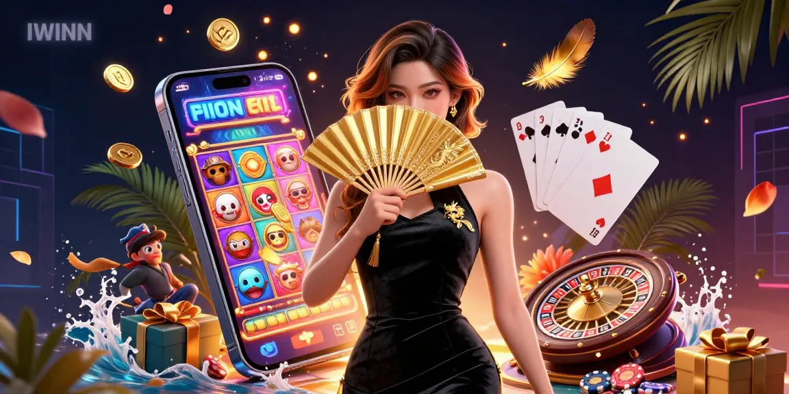IWINN showcases an enchanting Asian woman in an elegant dress amidst dynamic casino gaming elements.