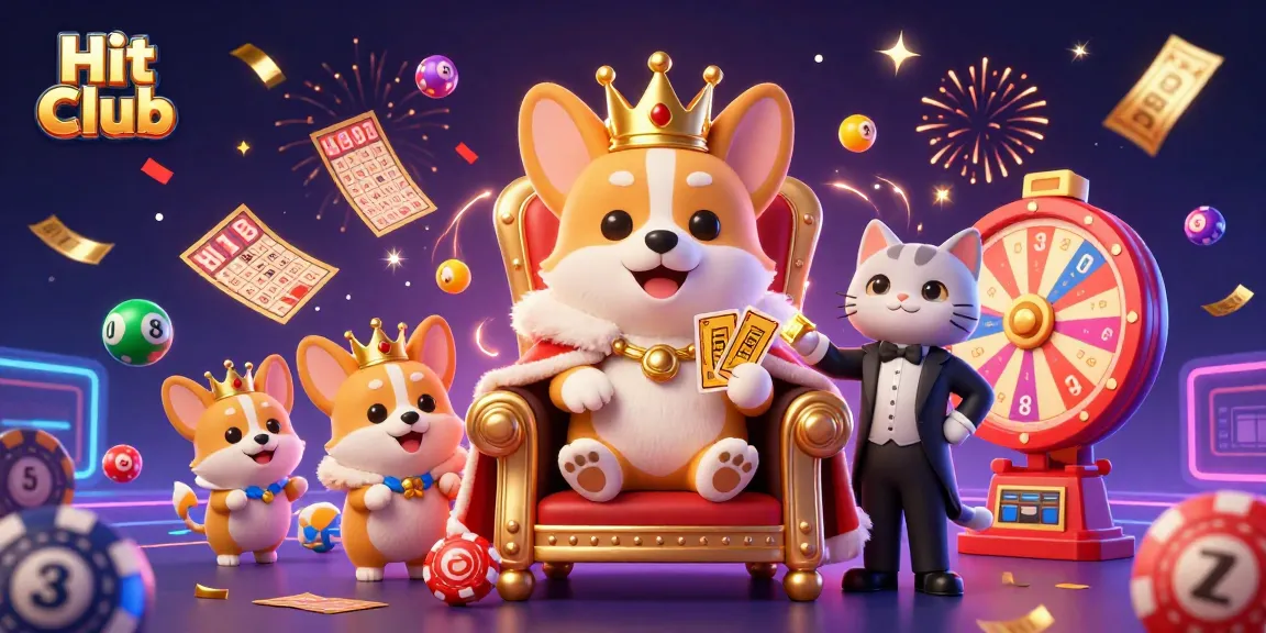 Hit Club showcases a royal corgi on a poker chip throne amid lottery excitement.