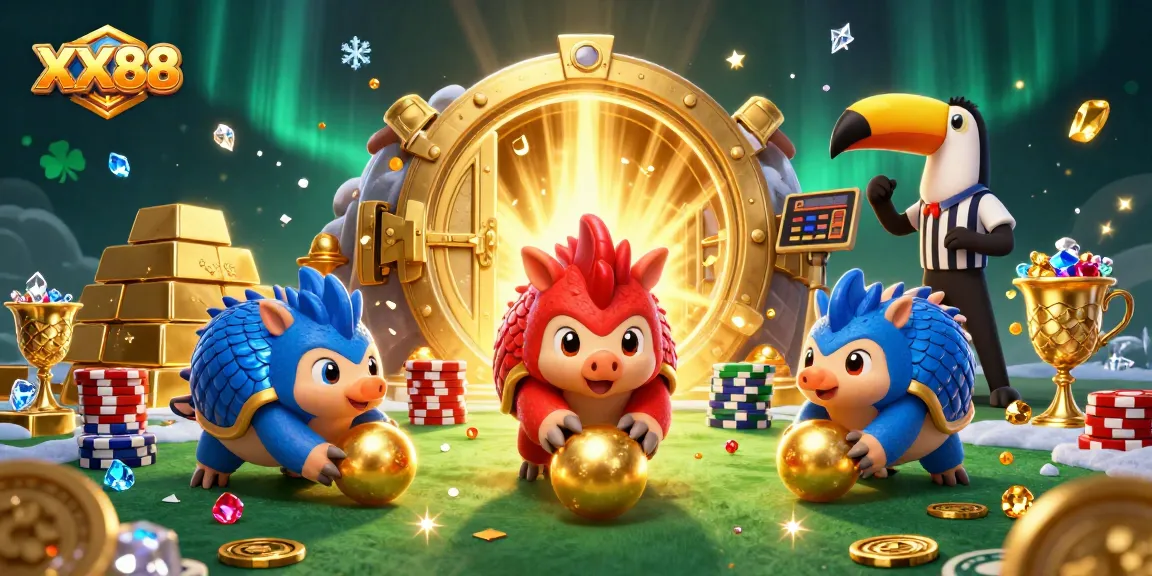 Experience the excitement of XX88 as rival pangolins roll through golden poker chips in a dynamic casino scene.