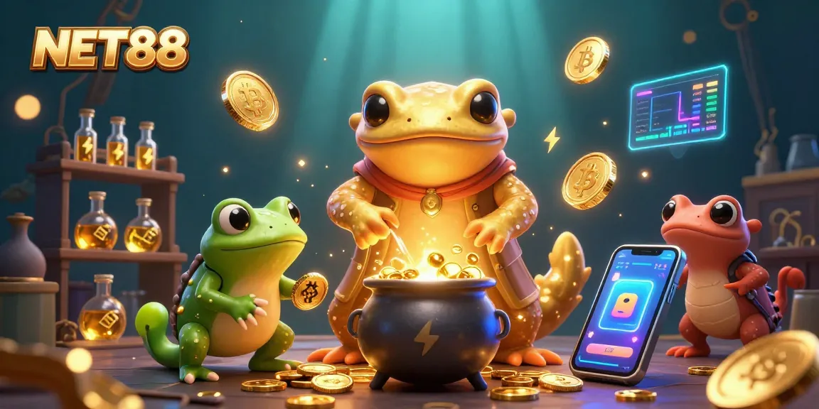 Engage with NET88's 3D illustrated scene of alchemy in gambling, featuring gold coins and crypto elements.