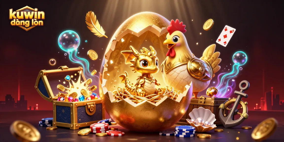 A dynamic 3D scene featuring kuwin đăng nhập with a golden dragon and poker chips, surrounded by vibrant casino elements.