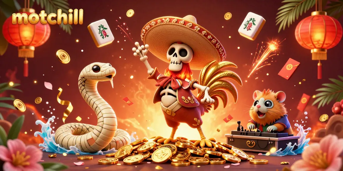 Experience the thrill of motchill gaming with a festive 3D party scene filled with vibrant characters and lucky symbols.
