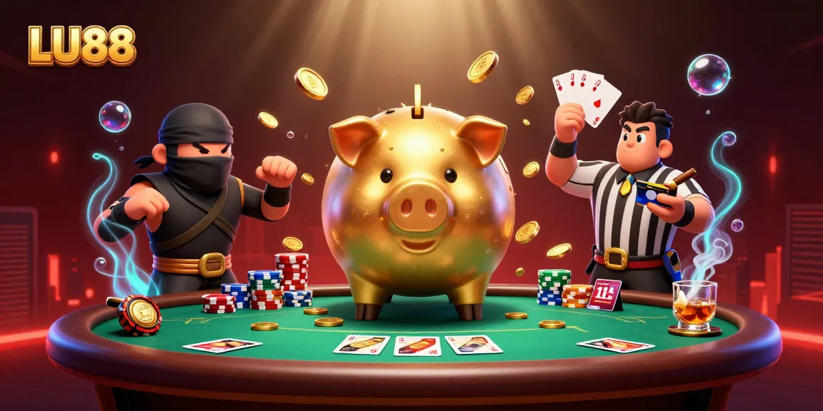 LU88 promotion featuring a golden piggy bank sumo wrestler stomping, surrounded by poker elements.