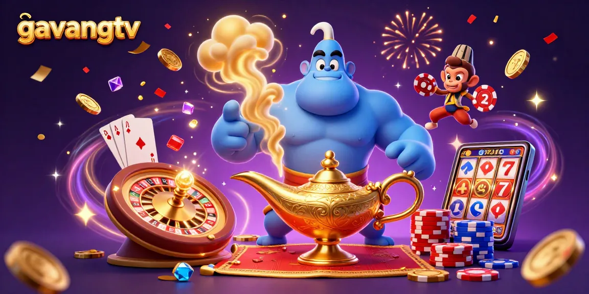 Experience the thrill of gambling with gavangtv's animated 3D Genie and playful monkey amid casino excitement.