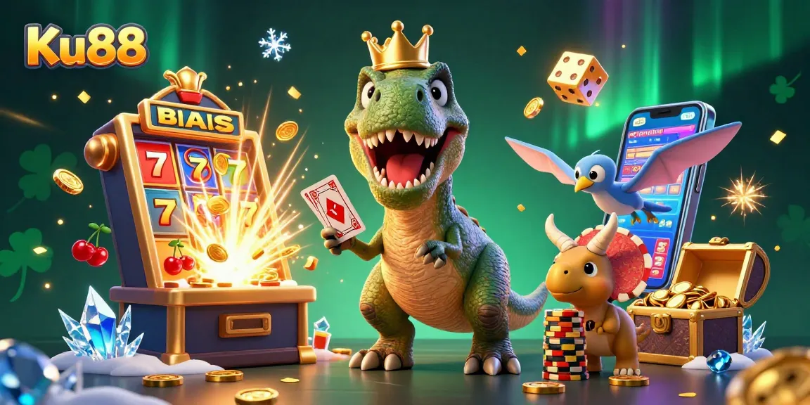 Ku88 showcases a vibrant casino scene with a friendly T-Rex shuffling cards and a jackpot explosion.