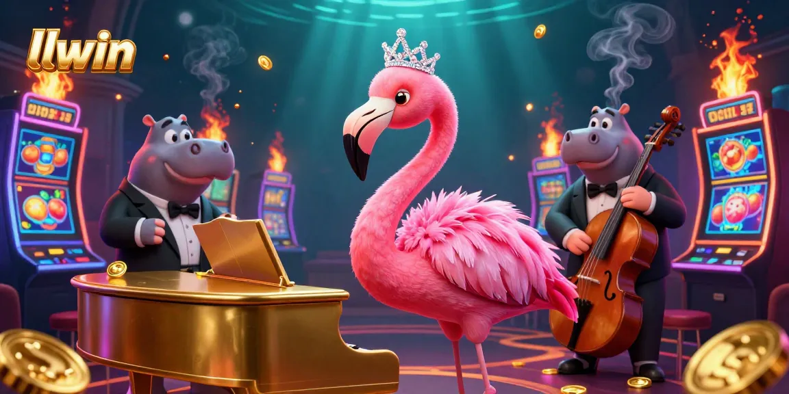 Experience winning strategies with llwin at a vibrant casino scene featuring colorful slot machines and entertaining characters.