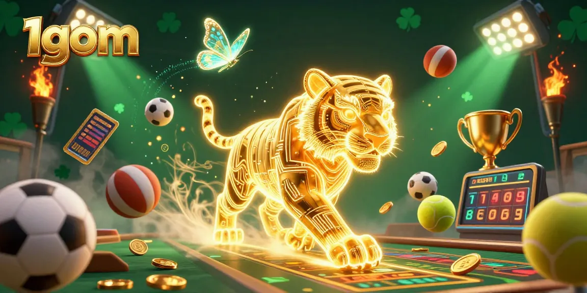 Engage with 1gom's dynamic betting experience in a vivid casino landscape filled with vibrant sports elements.